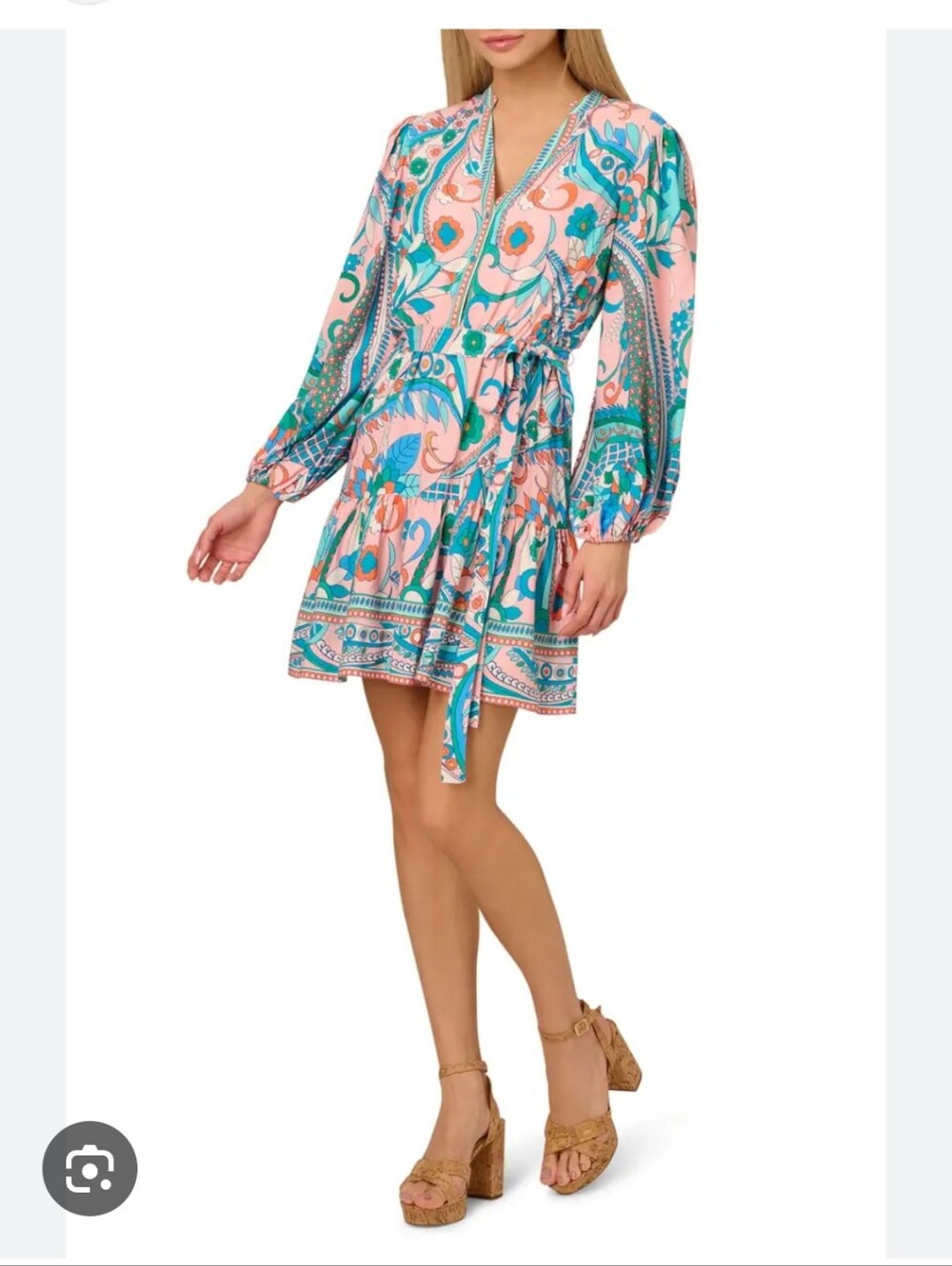 Adrianna Papell Pink & Teal Paisley Tie-Waist Mini Dress